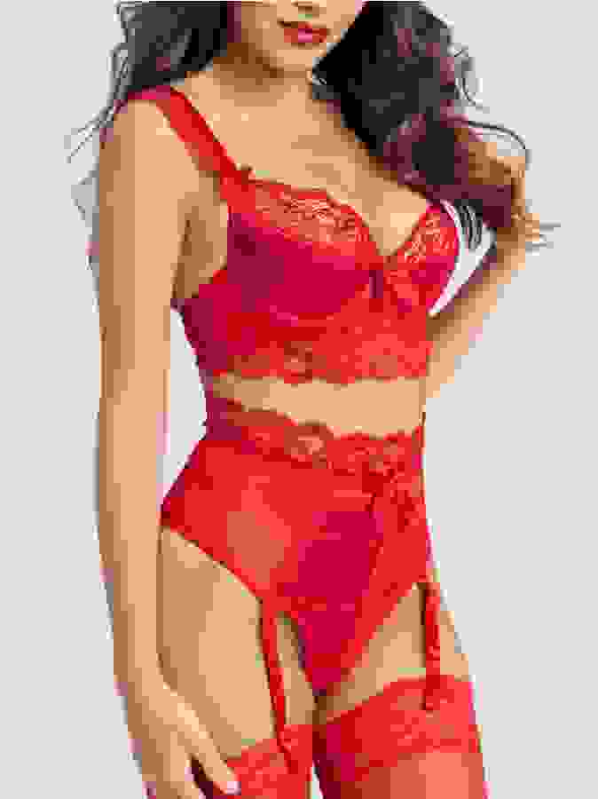 Lovehoney Treasure Me Red Push-Up Bra Set, Red, hi-res
